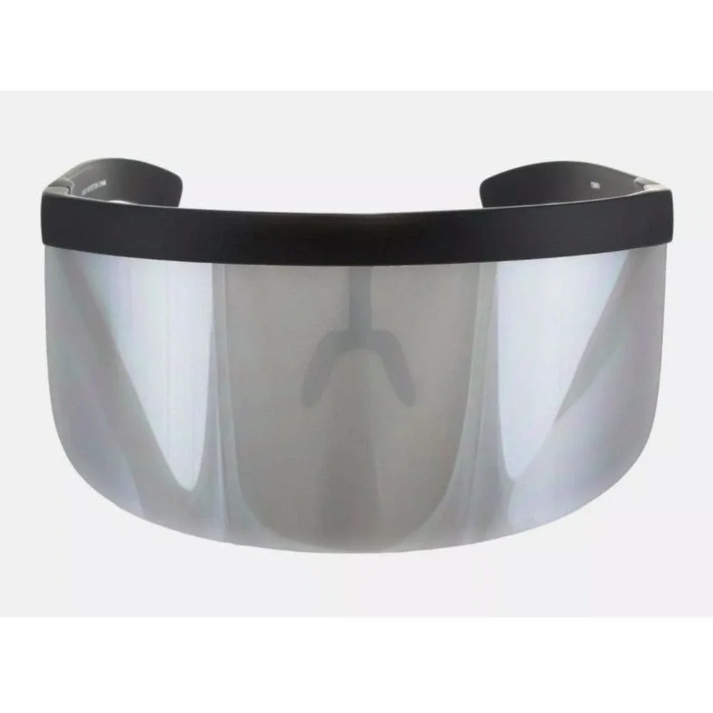 Shield Visor Sunglasses Futuristic Face Shield Black Frame Silver‎ Mirror Lens